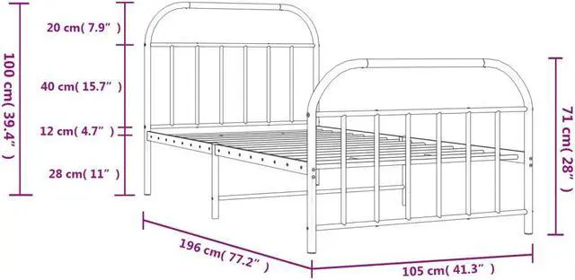 Alt view image 4 of 7 - vidaXL 12 Inch White Twin Bed Frame with Headboard & Footboard, Sturdy Metal Platform Bed Frame & Slats, Extra Under Bed Storage, No Box Spring Needed, without Mattress