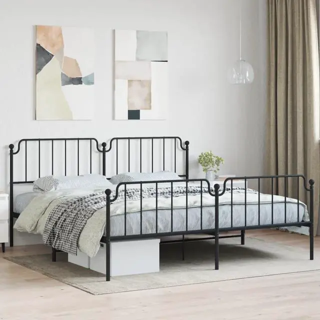 Main image of vidaXL King Metal Bed Frame with Headboard and Footboard, Under Bed Storage Space, Sturdy Steel Construction and Easy Assembly, Minimalist Style, Black, 12'' High, without Mattress