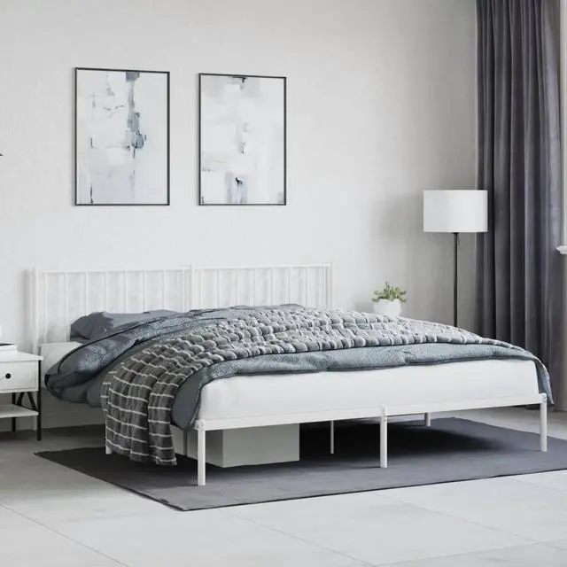 Main image of vidaXL 12'' King Metal Bed Frames with Headboard, Platform Bed Frame with Strong Metal Slats Support, Under Bed Storage, Noise Free, White, without Mattress