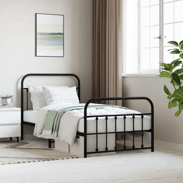 Main image of vidaXL 12 Inch Twin Metal Bed Frame with Headboard & Footboard, No Box Spring Needed, Noise Free Platform Bed Frame with Steel Slats, Easy Assembly, Under Bed Storage, Minimalist, Black