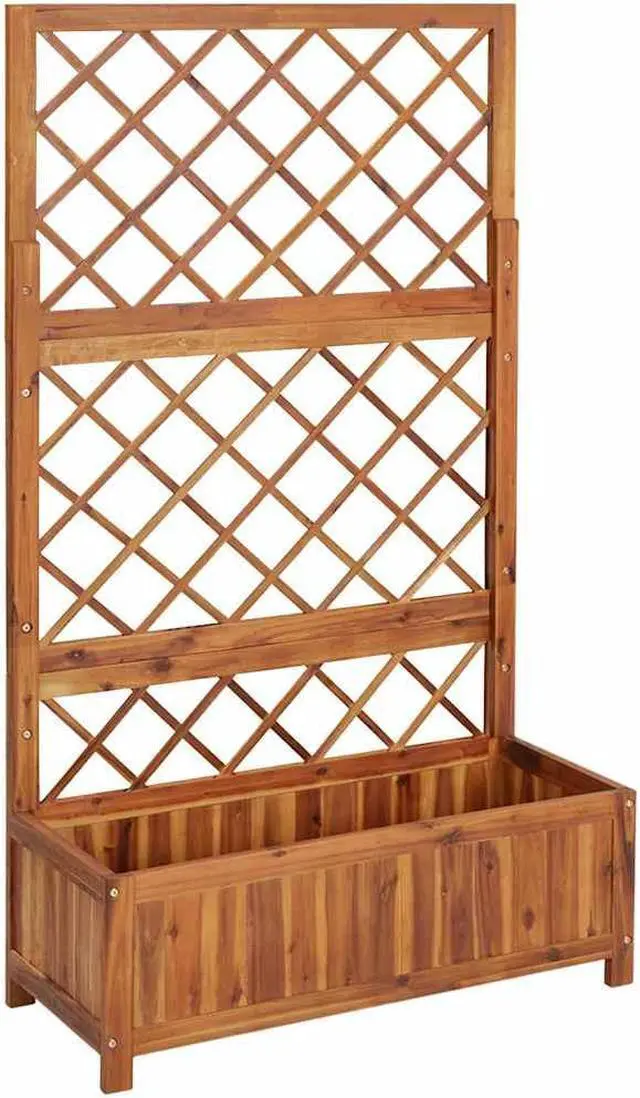 Alt view image 2 of 7 - vidaXL Garden Raised Bed with Trellis, Wooden Raised Flower Bed for Flowers and Plants, Solid Acacia Wood Planter, Outdoor and Indoor Use, Brown