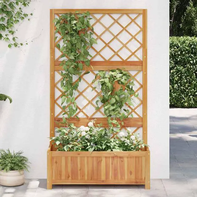 Alt view image 3 of 7 - vidaXL Garden Raised Bed with Trellis, Wooden Raised Flower Bed for Flowers and Plants, Solid Acacia Wood Planter, Outdoor and Indoor Use, Brown