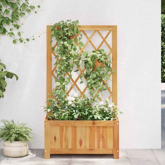 Alt view image 3 of 7 - vidaXL Garden Raised Bed with Trellis, Wooden Raised Flower Bed for Flowers and Plants, Solid Acacia Wood Planter, Outdoor and Indoor Use, Brown