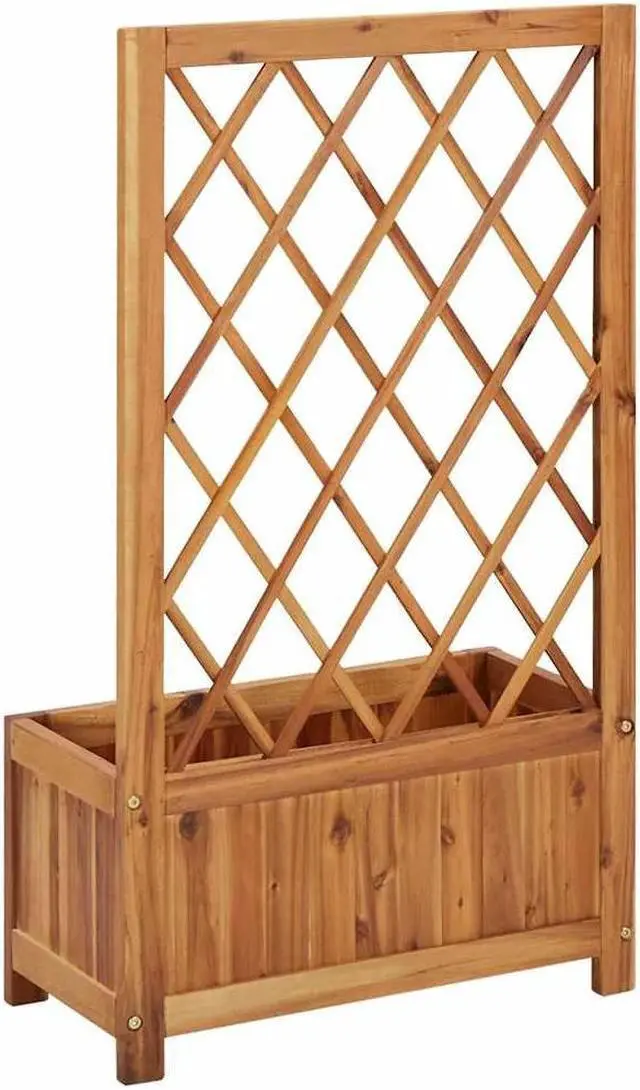 Alt view image 6 of 7 - vidaXL Garden Raised Bed with Trellis, Wooden Raised Flower Bed for Flowers and Plants, Solid Acacia Wood Planter, Outdoor and Indoor Use, Brown