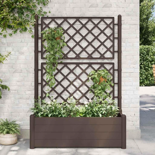 Main image of vidaXL Garden Raised Bed with Trellis, Raised Bed for Flowers and Plants, Planter with Drainage Hole, Outdoor and Indoor Use, Mocha, 39.4"x16.9"x55.9" , PP