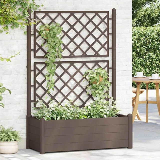 Alt view image 3 of 8 - vidaXL Garden Raised Bed with Trellis, Raised Bed for Flowers and Plants, Planter with Drainage Hole, Outdoor and Indoor Use, Mocha, 39.4"x16.9"x55.9" , PP