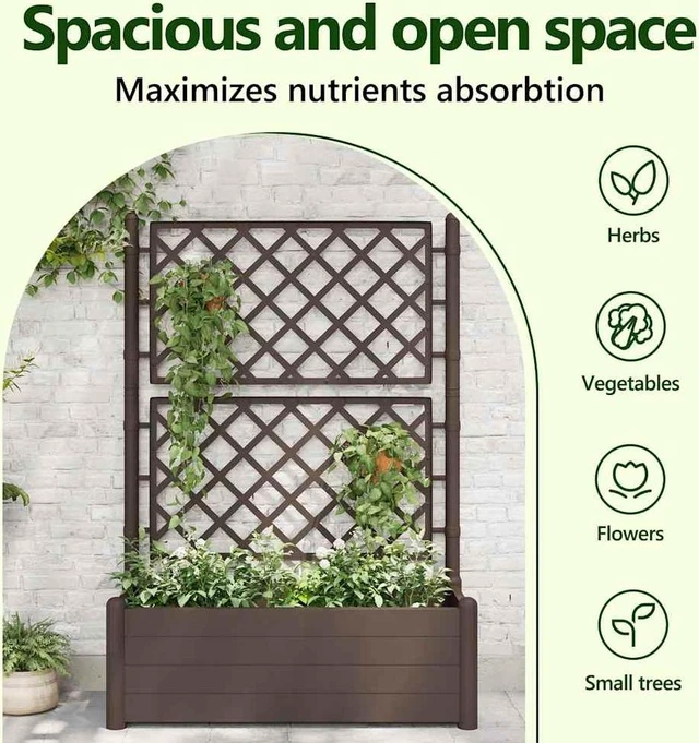 Alt view image 5 of 8 - vidaXL Garden Raised Bed with Trellis, Raised Bed for Flowers and Plants, Planter with Drainage Hole, Outdoor and Indoor Use, Mocha, 39.4"x16.9"x55.9" , PP