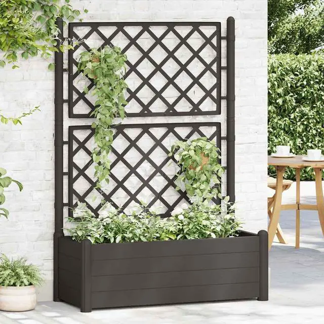 Alt view image 3 of 7 - vidaXL Garden Raised Bed with Trellis, Raised Bed for Flowers and Plants, Planter with Drainage Hole, Outdoor and Indoor Use, Anthracite, 39.4"x16.9"x55.9" , PP
