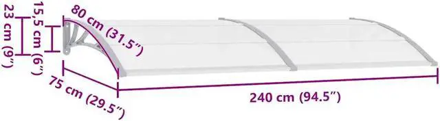 Alt view image 4 of 7 - vidaXL Door Canopy, Front Door Canopy for Protection, Porch Canopy for Outdoor, Weather-resistant Polycarbonate Cover, 94.5''x31.5'', Gray and Transparent