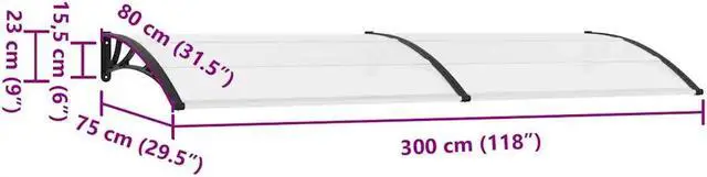 Alt view image 4 of 7 - vidaXL Door Canopy, Front Door Canopy for Protection, Porch Canopy for Outdoor, Weather-resistant Polycarbonate Cover, 118.1"x31.5", Black and Transparent