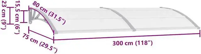 Alt view image 4 of 7 - vidaXL Door Canopy, Front Door Canopy for Protection, Porch Canopy for Outdoor, Weather-resistant Polycarbonate Cover, 118.1"x31.5", Gray and Transparent