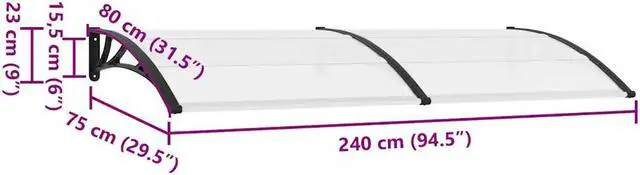 Alt view image 4 of 7 - vidaXL Door Canopy, Front Door Canopy for Protection, Porch Canopy for Outdoor, Weather-resistant Polycarbonate Cover, 94.5"x31.5", Black and Transparent