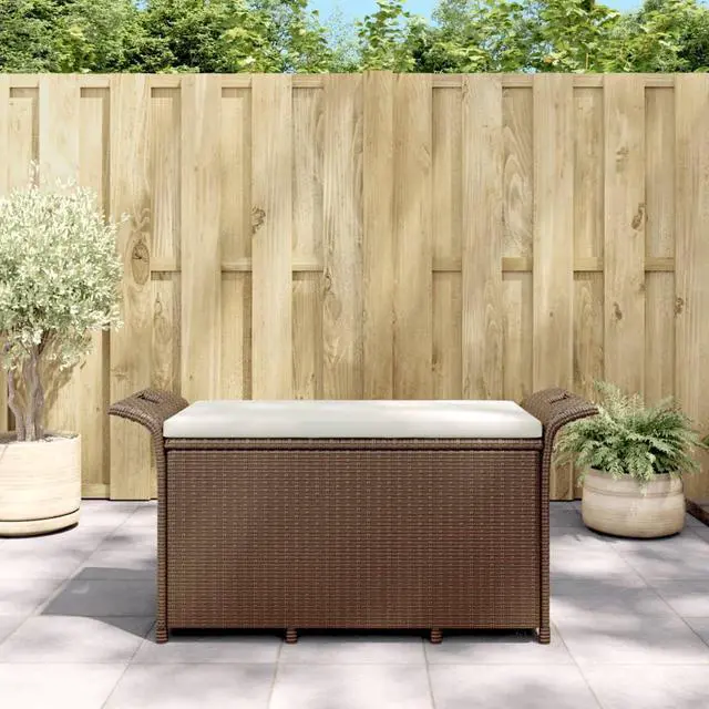 Main image of vidaXL Poly Rattan Storage Bench with Cushion, Indoor/Outdoor Ottoman Garden Bench, Waterproof Design, Easy Maintenance, 45.7" x 18.1" x 22.4" Brown