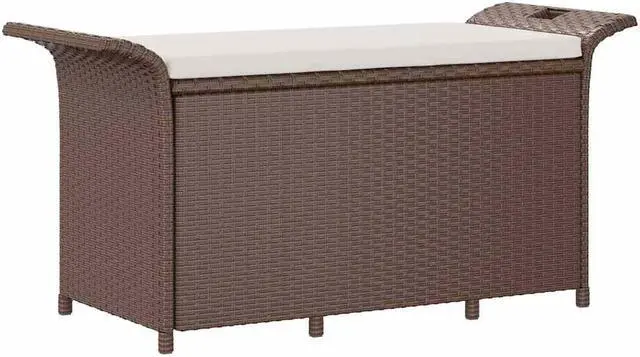 Alt view image 2 of 7 - vidaXL Poly Rattan Storage Bench with Cushion, Indoor/Outdoor Ottoman Garden Bench, Waterproof Design, Easy Maintenance, 45.7" x 18.1" x 22.4" Brown