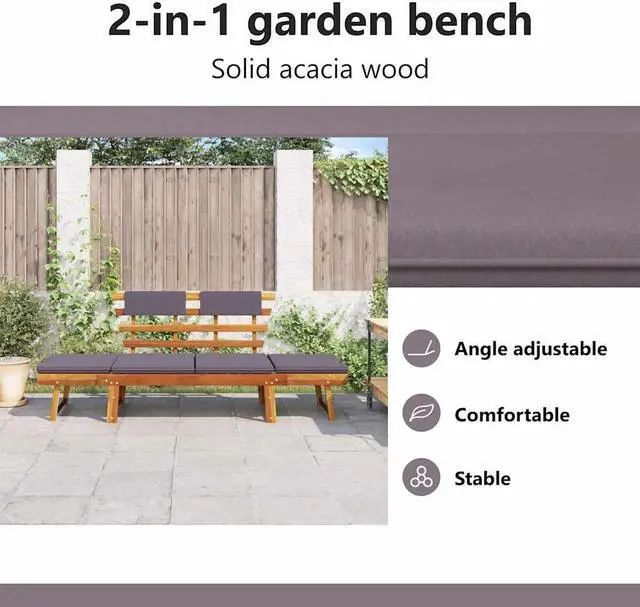 Alt view image 5 of 7 - vidaXL 2-in-1 Convertible Outdoor Bench, Patio Daybed, Garden Day Bed, Weather-Resistant Solid Acacia Wood, 26.8" x 74.8" x 29.1" Brown Frame & Dark Gray Cushion