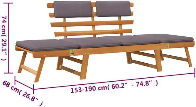 Alt view image 4 of 7 - vidaXL 2-in-1 Convertible Outdoor Bench, Patio Daybed, Garden Day Bed, Weather-Resistant Solid Acacia Wood, 26.8" x 74.8" x 29.1" Brown Frame & Dark Gray Cushion