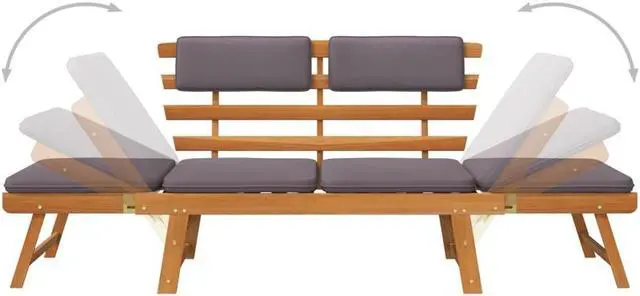 Alt view image 6 of 7 - vidaXL 2-in-1 Convertible Outdoor Bench, Patio Daybed, Garden Day Bed, Weather-Resistant Solid Acacia Wood, 26.8" x 74.8" x 29.1" Brown Frame & Dark Gray Cushion