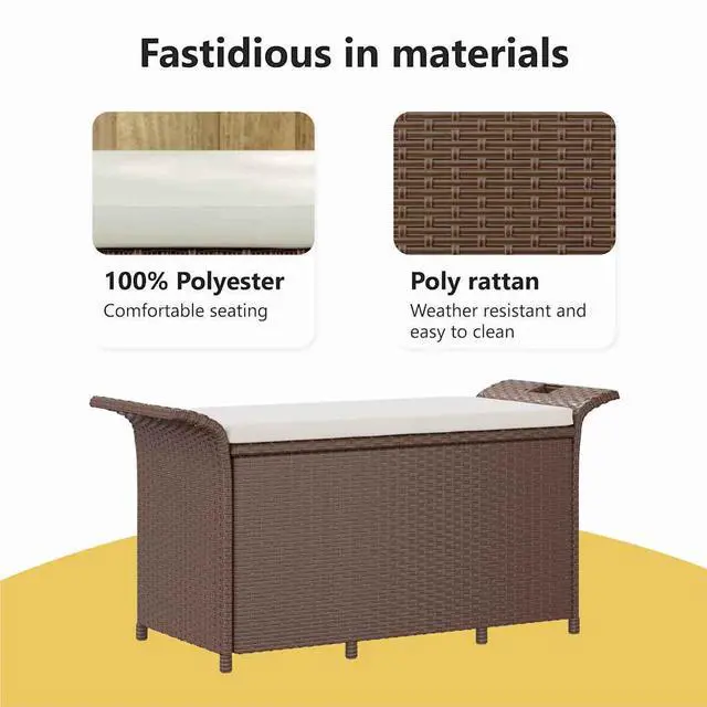 Alt view image 5 of 7 - vidaXL Poly Rattan Storage Bench with Cushion, Indoor/Outdoor Ottoman Garden Bench, Waterproof Design, Easy Maintenance, 45.7" x 18.1" x 22.4" Brown