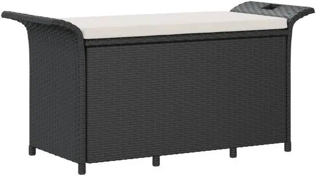 Alt view image 2 of 7 - vidaXL Poly Rattan Storage Bench with Cushion, Indoor/Outdoor Ottoman Garden Bench, Waterproof Design, Easy Maintenance, 45.7"x18.1"x22.4" Black