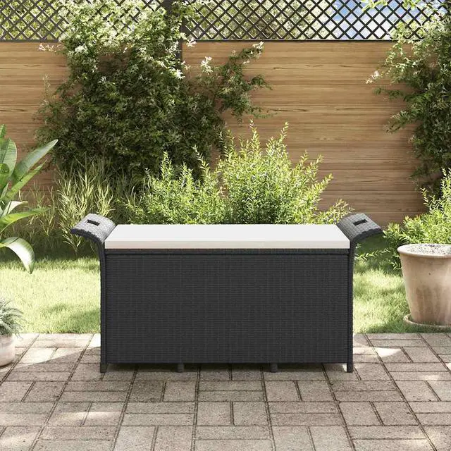 Alt view image 3 of 7 - vidaXL Poly Rattan Storage Bench with Cushion, Indoor/Outdoor Ottoman Garden Bench, Waterproof Design, Easy Maintenance, 45.7"x18.1"x22.4" Black