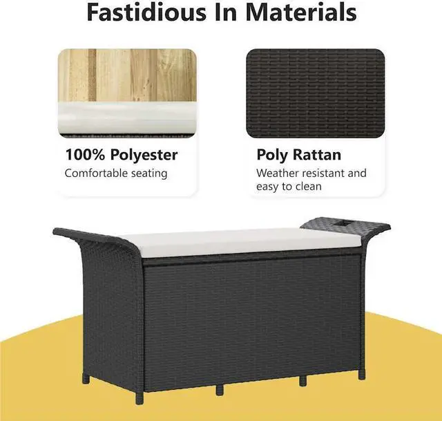 Alt view image 5 of 7 - vidaXL Poly Rattan Storage Bench with Cushion, Indoor/Outdoor Ottoman Garden Bench, Waterproof Design, Easy Maintenance, 45.7"x18.1"x22.4" Black