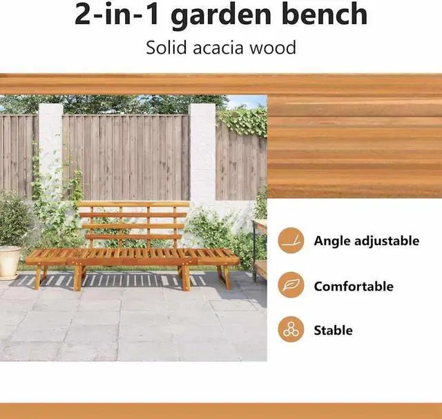 Alt view image 5 of 7 - vidaXL  2-in-1 Convertible Outdoor Bench, Patio Daybed, Garden Day Bed, Weather-Resistant Solid Acacia Wood, 26.8" x 74.8" x 29.1" Brown Frame