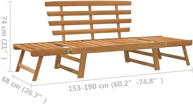 Alt view image 4 of 7 - vidaXL  2-in-1 Convertible Outdoor Bench, Patio Daybed, Garden Day Bed, Weather-Resistant Solid Acacia Wood, 26.8" x 74.8" x 29.1" Brown Frame