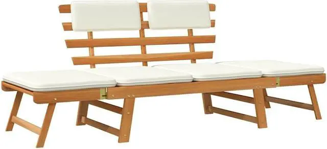 Alt view image 2 of 7 - vidaXL  2-in-1 Convertible Outdoor Bench, Patio Daybed, Garden Day Bed, Weather-Resistant Solid Acacia Wood, 26.8" x 74.8" x 29.1" Brown Frame & White Cushion