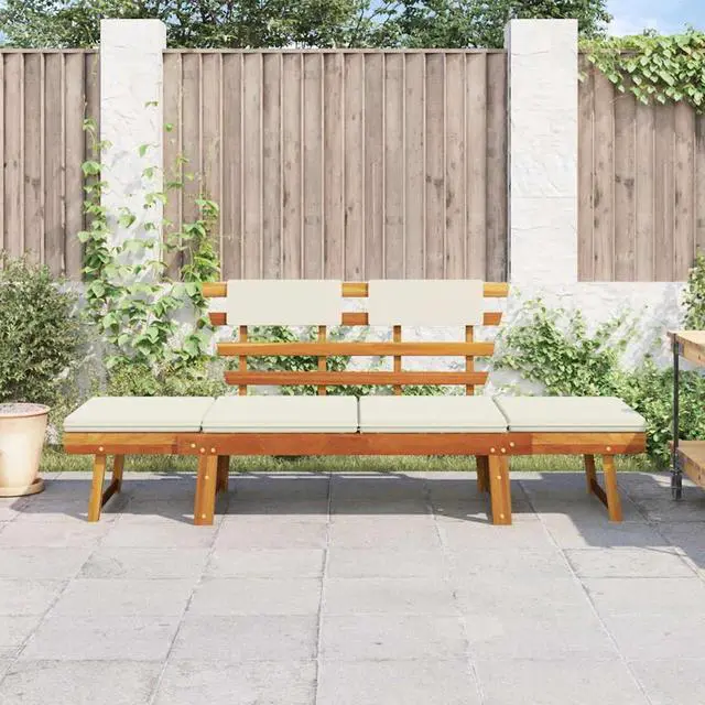 Alt view image 3 of 7 - vidaXL  2-in-1 Convertible Outdoor Bench, Patio Daybed, Garden Day Bed, Weather-Resistant Solid Acacia Wood, 26.8" x 74.8" x 29.1" Brown Frame & White Cushion