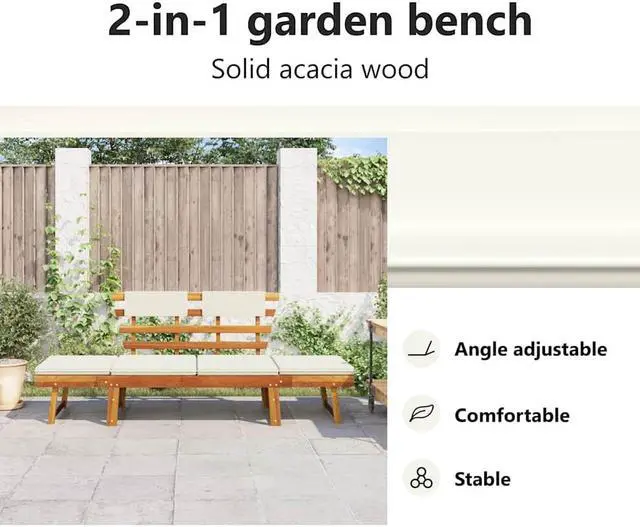 Alt view image 5 of 7 - vidaXL  2-in-1 Convertible Outdoor Bench, Patio Daybed, Garden Day Bed, Weather-Resistant Solid Acacia Wood, 26.8" x 74.8" x 29.1" Brown Frame & White Cushion