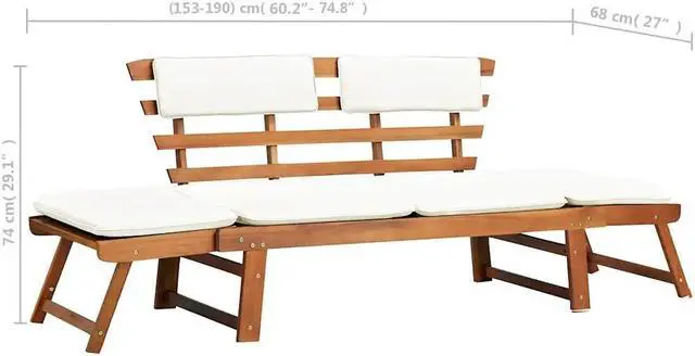 Alt view image 4 of 7 - vidaXL  2-in-1 Convertible Outdoor Bench, Patio Daybed, Garden Day Bed, Weather-Resistant Solid Acacia Wood, 26.8" x 74.8" x 29.1" Brown Frame & White Cushion
