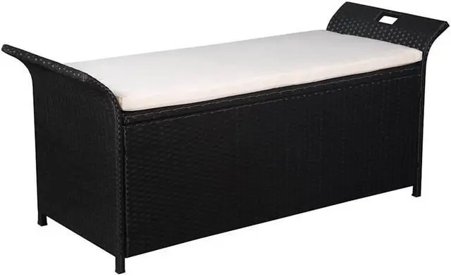 Main image of vidaXL Poly Rattan Storage Bench with Cushion, Indoor/Outdoor Ottoman Garden Bench, Waterproof Design, Easy Maintenance, 19.7" x 54.3" x 23.6" Black
