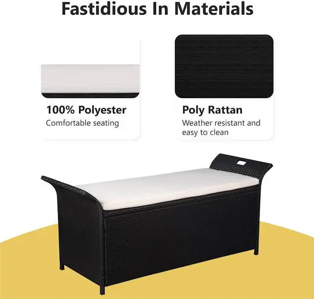 Alt view image 5 of 5 - vidaXL Poly Rattan Storage Bench with Cushion, Indoor/Outdoor Ottoman Garden Bench, Waterproof Design, Easy Maintenance, 19.7" x 54.3" x 23.6" Black