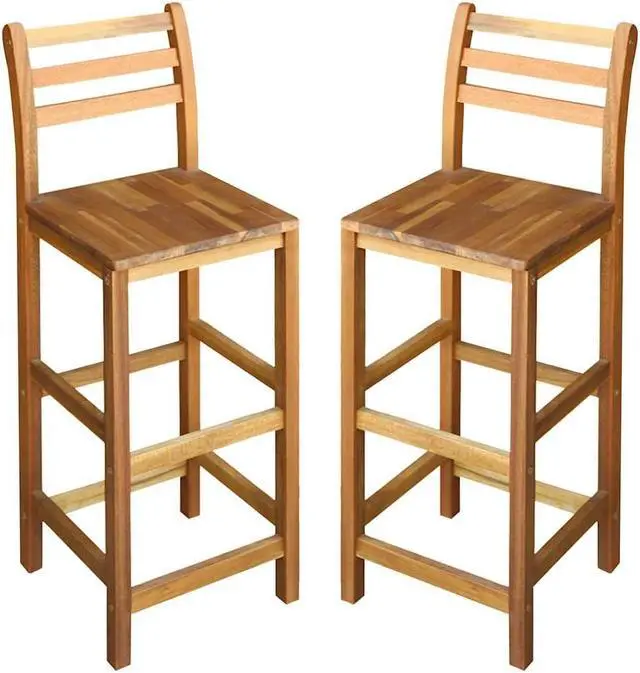 Alt view image 2 of 6 - vidaXL Wooden Bar Stools with Backrest & Footrest Set of 2, Indoor/Outdoor Chairs for Dining Garden Patio, Solid Acacia Wood 14.2" x 16.5" x 43.3"H Brown