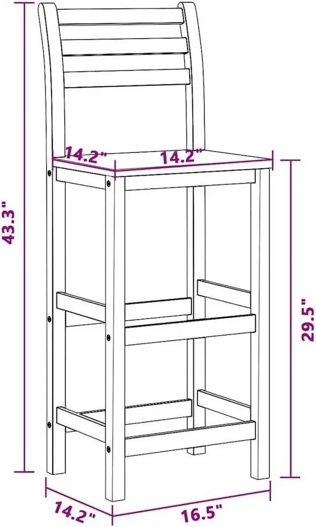 Alt view image 5 of 7 - vidaXL Wooden Bar Stools with Backrest & Footrest Set of 4, Indoor/Outdoor Chairs for Dining Garden Patio, Solid Acacia Wood 14.2" x 16.5" x 43.3"H Brown
