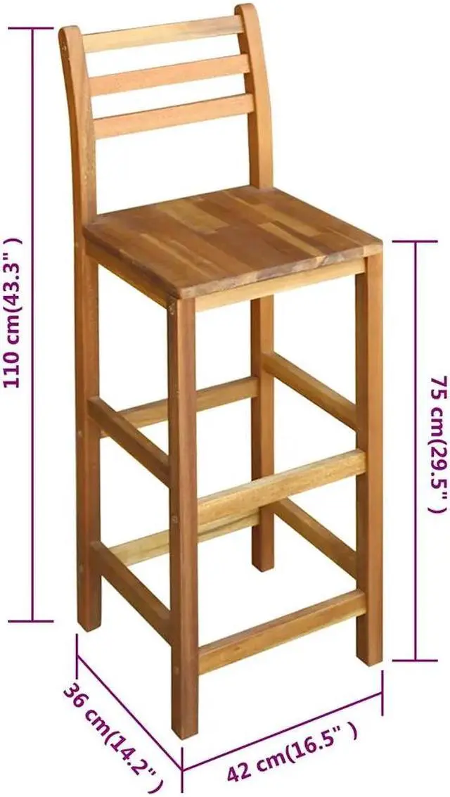 Alt view image 4 of 6 - vidaXL Wooden Bar Stools with Backrest & Footrest Set of 2, Indoor/Outdoor Chairs for Dining Garden Patio, Solid Acacia Wood 14.2" x 16.5" x 43.3"H Brown