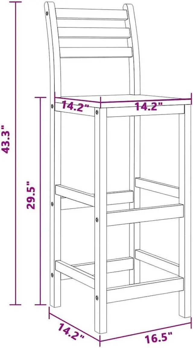 Alt view image 5 of 6 - vidaXL Wooden Bar Stools with Backrest & Footrest Set of 2, Indoor/Outdoor Chairs for Dining Garden Patio, Solid Acacia Wood 14.2" x 16.5" x 43.3"H Brown