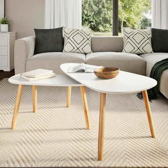 Alt view image 3 of 7 - vidaXL Nesting Coffee Table 2 pcs, Side Tables with Solid Pine Wood Legs, Scandinavian Style End Table for Living Room, White