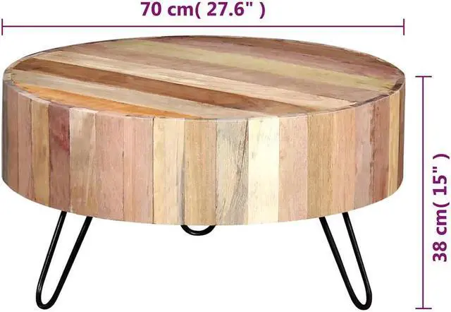 Alt view image 4 of 7 - vidaXL Coffee Table with Iron Legs, Round Center Table for Living Room, Fully Handmade, 27.6''x15.0'', Solid Reclaimed Wood, Beige