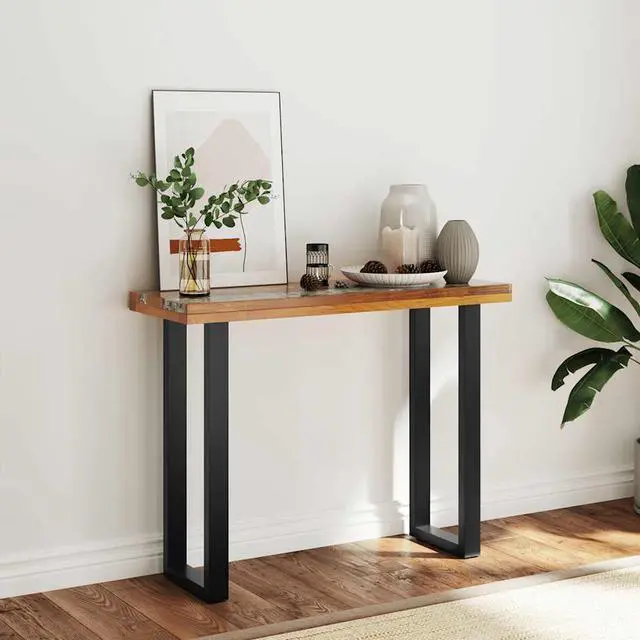 Main image of vidaXL Console Table with Glass and Resin Inlay, Rectangular End Table with Black Wooden Legs, Teak Wood, 39.4''x13.8''x29.5'', Black and Brown