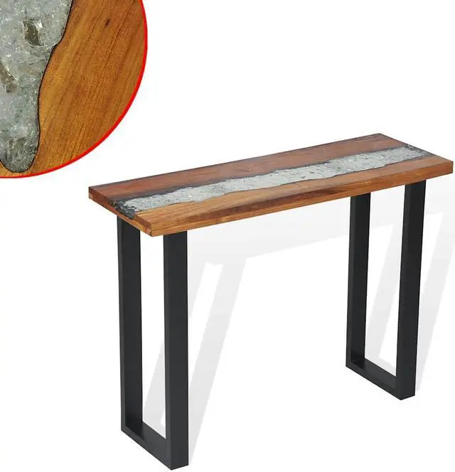 Alt view image 2 of 7 - vidaXL Console Table with Glass and Resin Inlay, Rectangular End Table with Black Wooden Legs, Teak Wood, 39.4''x13.8''x29.5'', Black and Brown