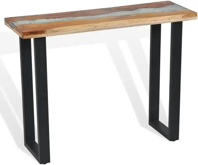 Alt view image 3 of 7 - vidaXL Console Table with Glass and Resin Inlay, Rectangular End Table with Black Wooden Legs, Teak Wood, 39.4''x13.8''x29.5'', Black and Brown