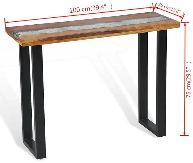 Alt view image 4 of 7 - vidaXL Console Table with Glass and Resin Inlay, Rectangular End Table with Black Wooden Legs, Teak Wood, 39.4''x13.8''x29.5'', Black and Brown