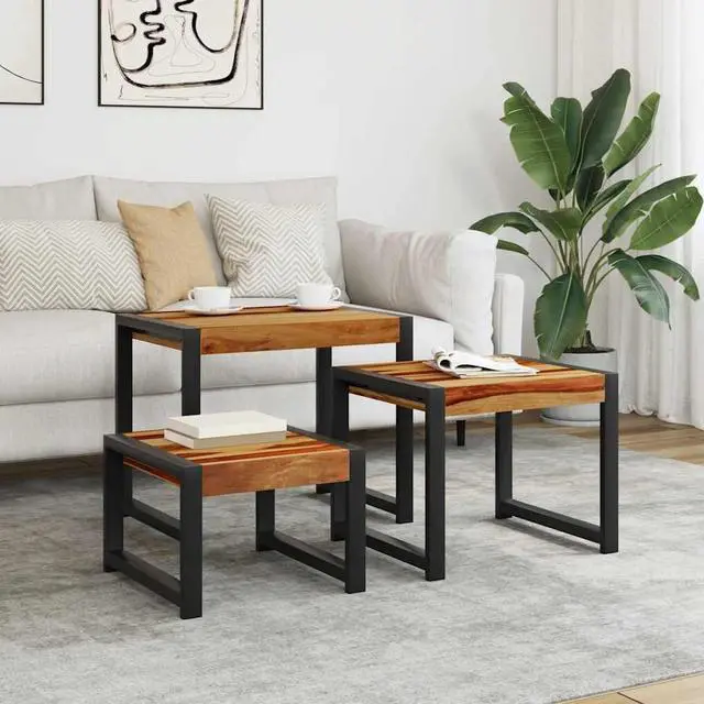 Main image of vidaXL Nesting Tables Set of 3, Side Tables with Black Power-Coated Steel Frames, Polished and Partly Painted End Tables for Living Room, Bedroom, Solid Acacia Wood
