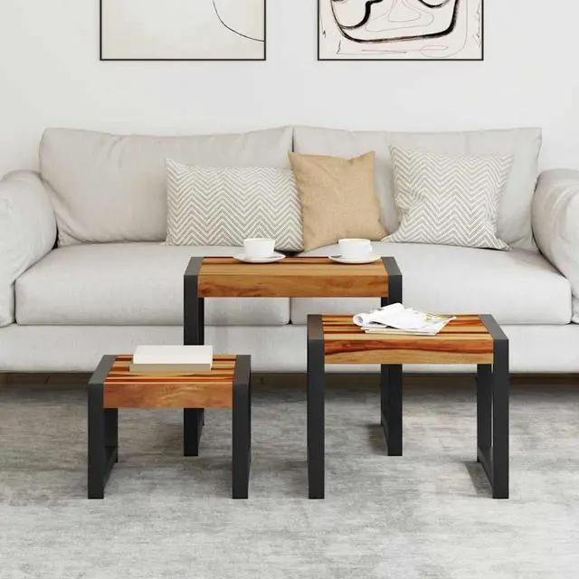Alt view image 3 of 7 - vidaXL Nesting Tables Set of 3, Side Tables with Black Power-Coated Steel Frames, Polished and Partly Painted End Tables for Living Room, Bedroom, Solid Acacia Wood