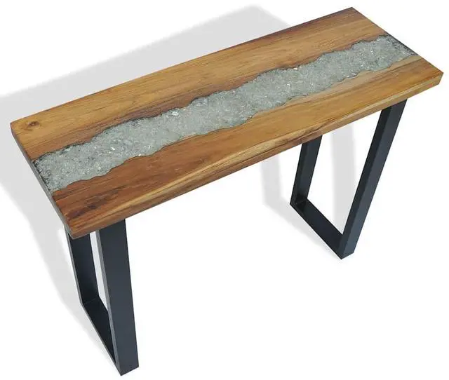 Alt view image 6 of 7 - vidaXL Console Table with Glass and Resin Inlay, Rectangular End Table with Black Wooden Legs, Teak Wood, 39.4''x13.8''x29.5'', Black and Brown