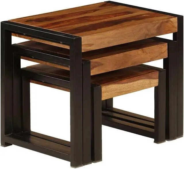Alt view image 6 of 7 - vidaXL Nesting Tables Set of 3, Side Tables with Black Power-Coated Steel Frames, Polished and Partly Painted End Tables for Living Room, Bedroom, Solid Acacia Wood