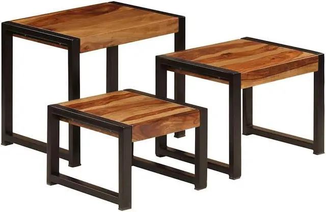 Alt view image 2 of 7 - vidaXL Nesting Tables Set of 3, Side Tables with Black Power-Coated Steel Frames, Polished and Partly Painted End Tables for Living Room, Bedroom, Solid Acacia Wood
