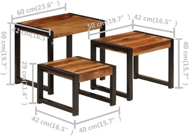 Alt view image 4 of 7 - vidaXL Nesting Tables Set of 3, Side Tables with Black Power-Coated Steel Frames, Polished and Partly Painted End Tables for Living Room, Bedroom, Solid Acacia Wood