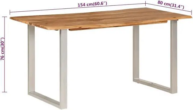 Alt view image 4 of 7 - vidaXL Dining Table, Natural Edges Tabletop with Silver Power-Coated Steel Legs, Rustic Design Bistro Table for Dining Room, Kitchen, Solid Acacia Wood, 60.6''x31.4''x30''